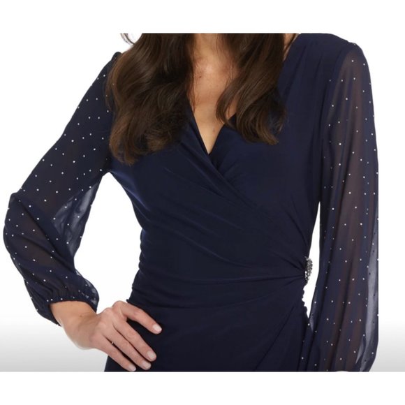 NWT R&M‎ Richards Plum Cocktail Dress W/ Sheer Balloon Sleeves Studs Size 6P - Picture 4 of 5